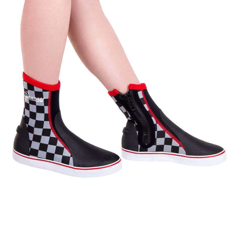 tall neoprene scuba diving shoes with a black and white checkerboard pattern