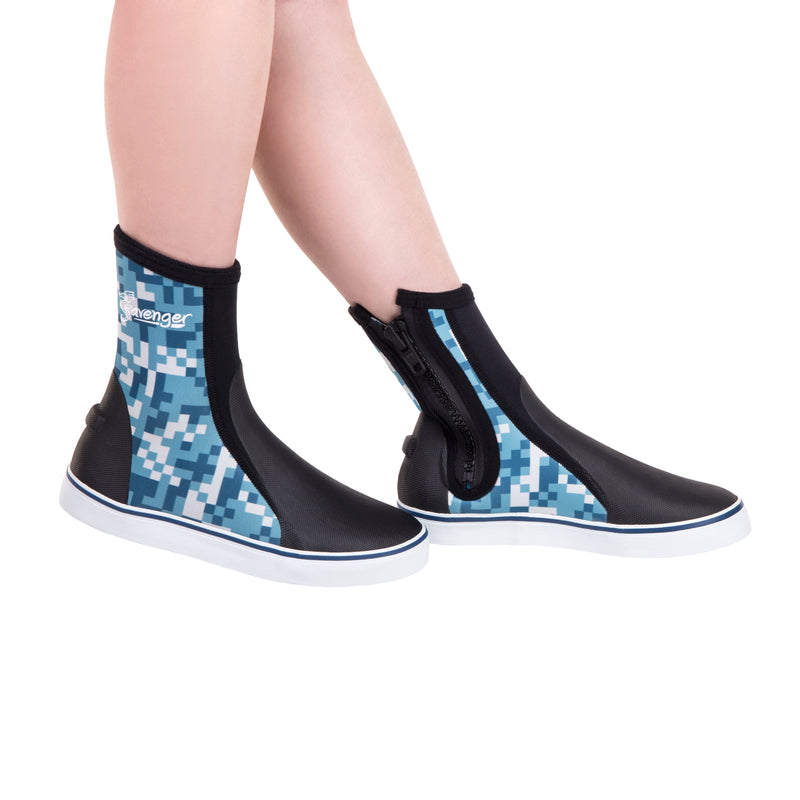 tall neoprene scuba diving shoes with a blue digital pattern