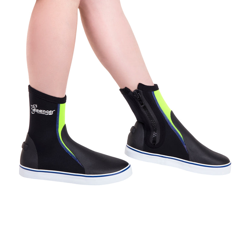 tall neoprene scuba diving shoes with a neon yellow panel and blue stitching