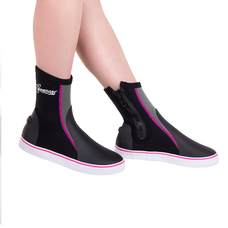 tall black scuba diving shoes with pink stitching