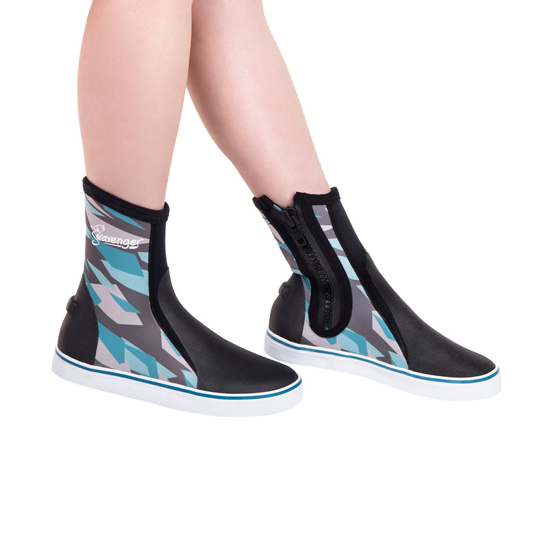 tall neoprene scuba diving shoes with a blue geometric pattern