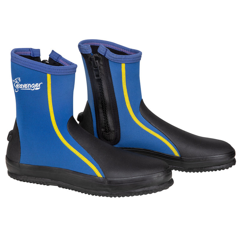 tall blue dive booties with a vulcanized rubber sole