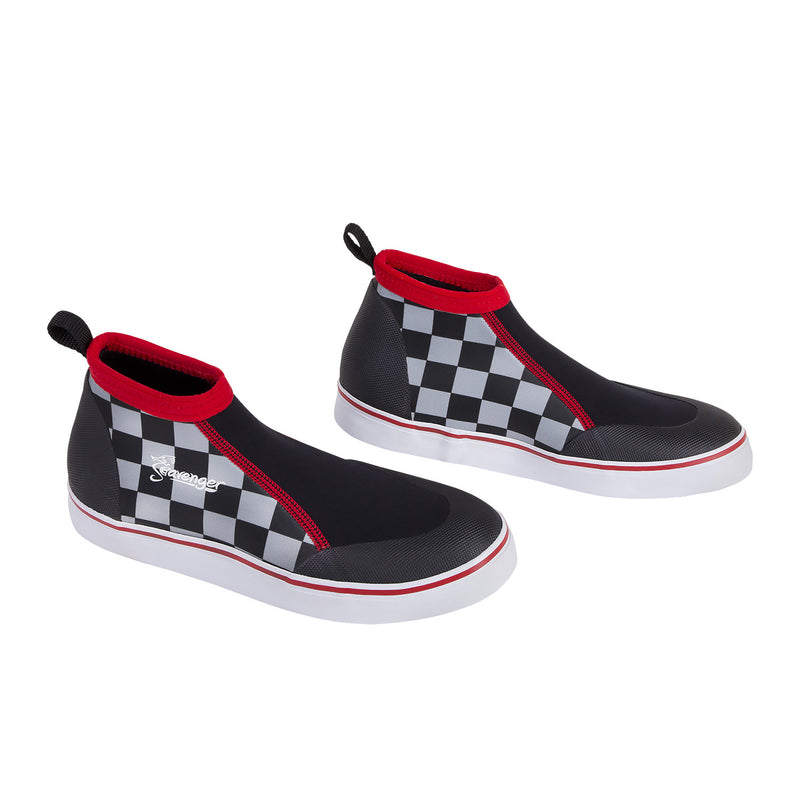 short slip on scuba diving shoes with a black and white checkerboard pattern