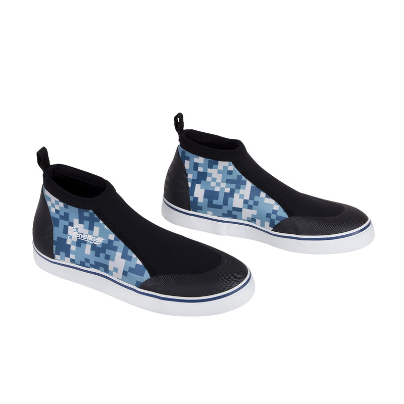 short slip on scuba diving shoes with a blue digital pattern