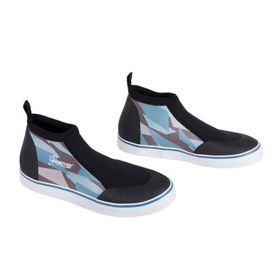 short slip on scuba diving shoes with a blue geometric pattern