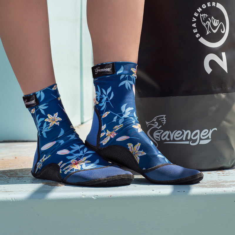 tall beach socks for a dark blue floral pattern for kids
