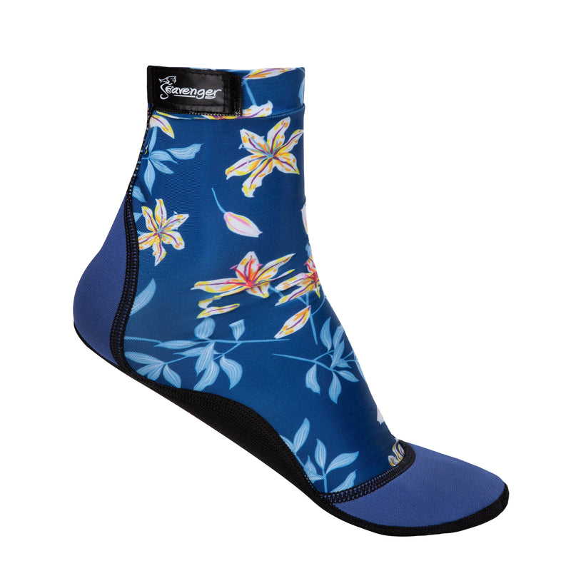 tall beach socks with a dark blue floral pattern