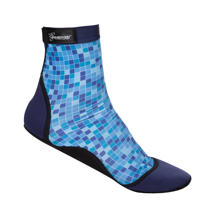 tall beach socks with a blue mosaic pattern for kids