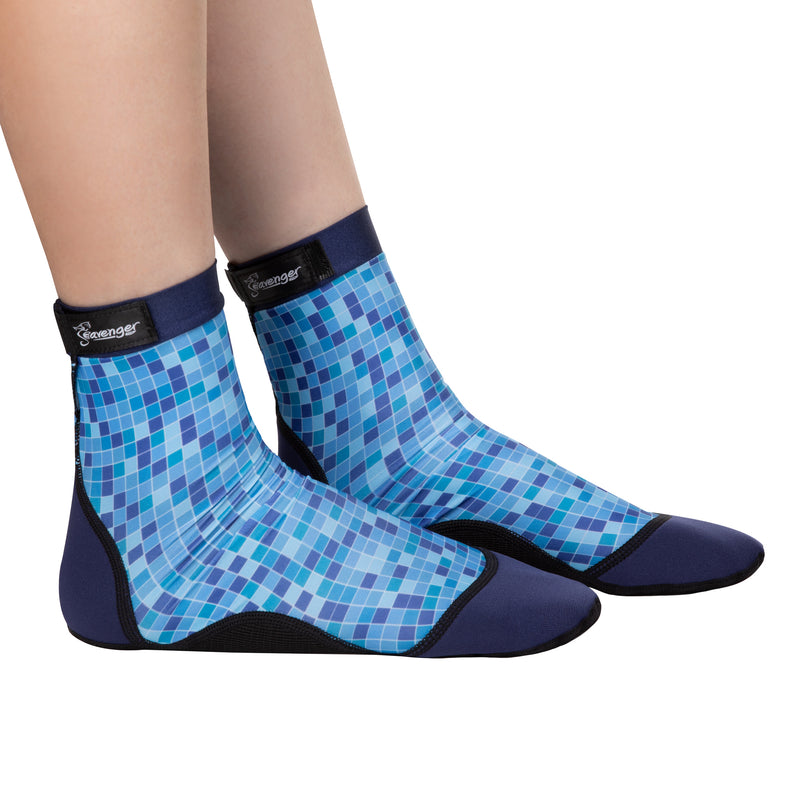 tall beach socks with a blue mosaic pattern for kids
