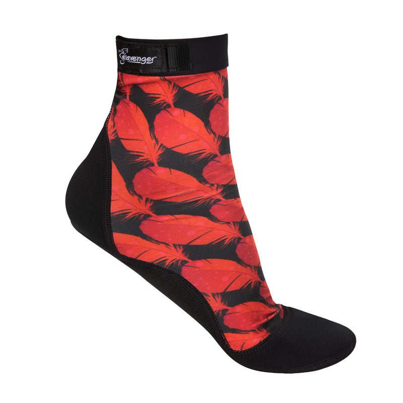 Tall beach socks with a red feather pattern