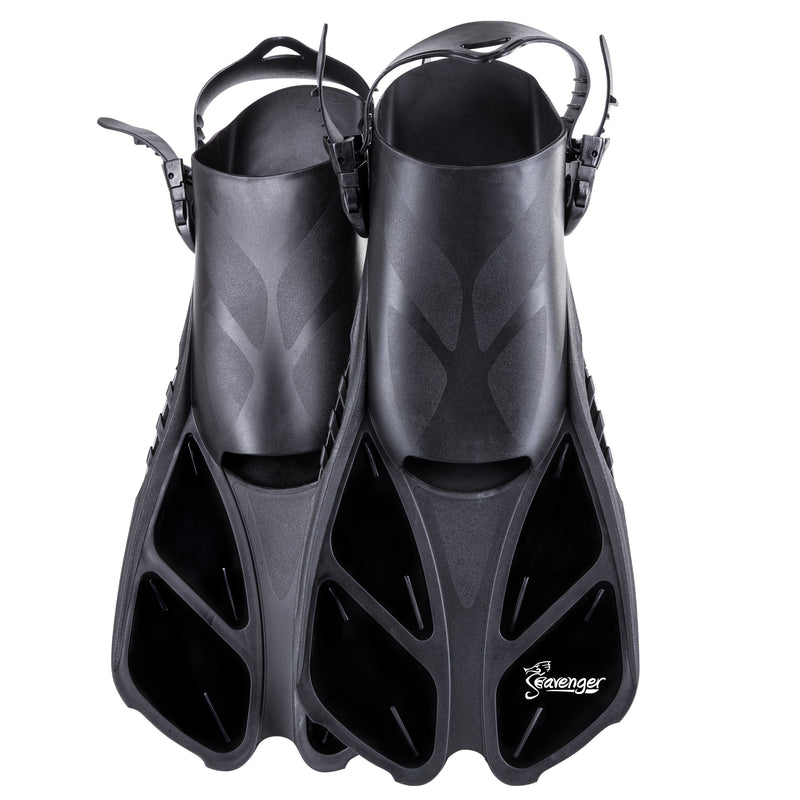 Short black snorkeling fins with an adjustable heel strap