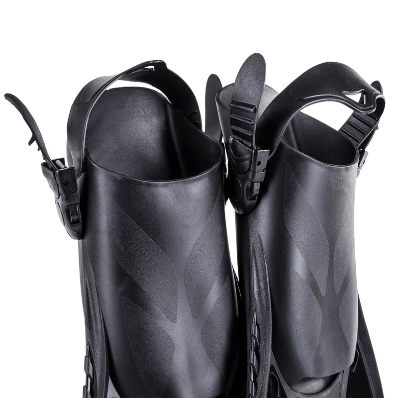 Short black snorkeling fins with an adjustable heel strap