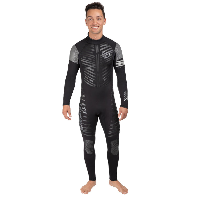 A men’s Black Remix full length neoprene wetsuit with long sleeves and long back zipper with rubber knee panels and shoulder panels 