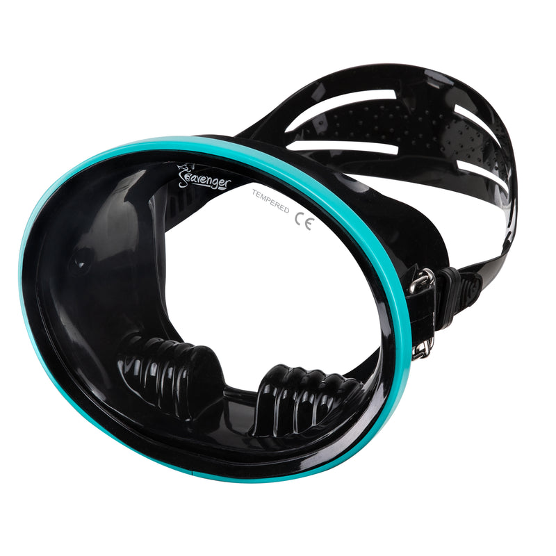 black oval scuba diving mask with teal frame