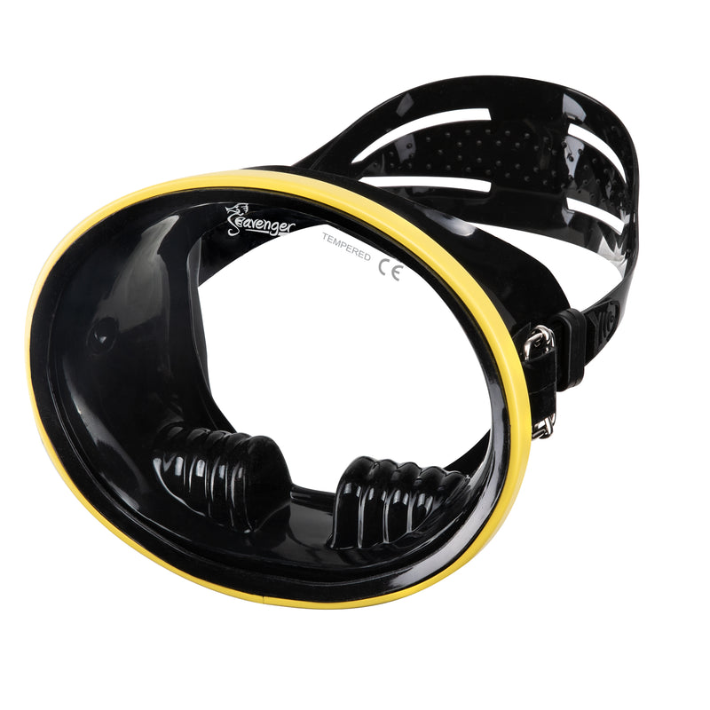 black oval scuba diving mask with yellow frame
