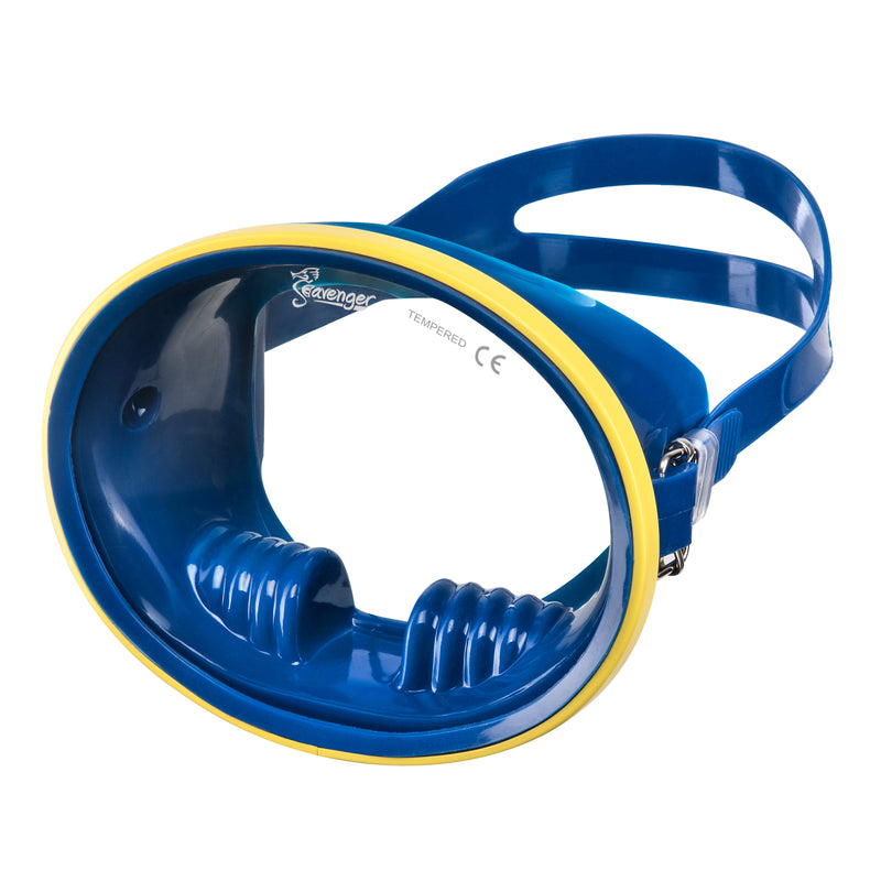 blue oval scuba diving mask with yellow frame