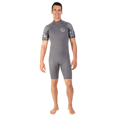 A Men’s neoprene shorty wetsuit for snorkeling, wakeboarding or warm-water scuba diving.