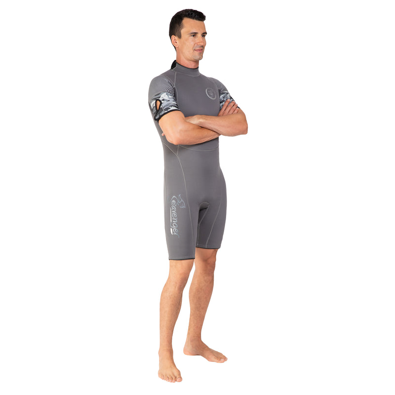 A Men’s neoprene shorty wetsuit for snorkeling, wakeboarding or warm-water scuba diving.
