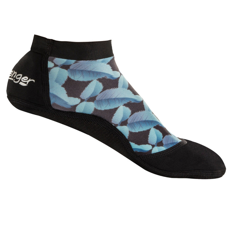 short beach socks with a blue feather pattern