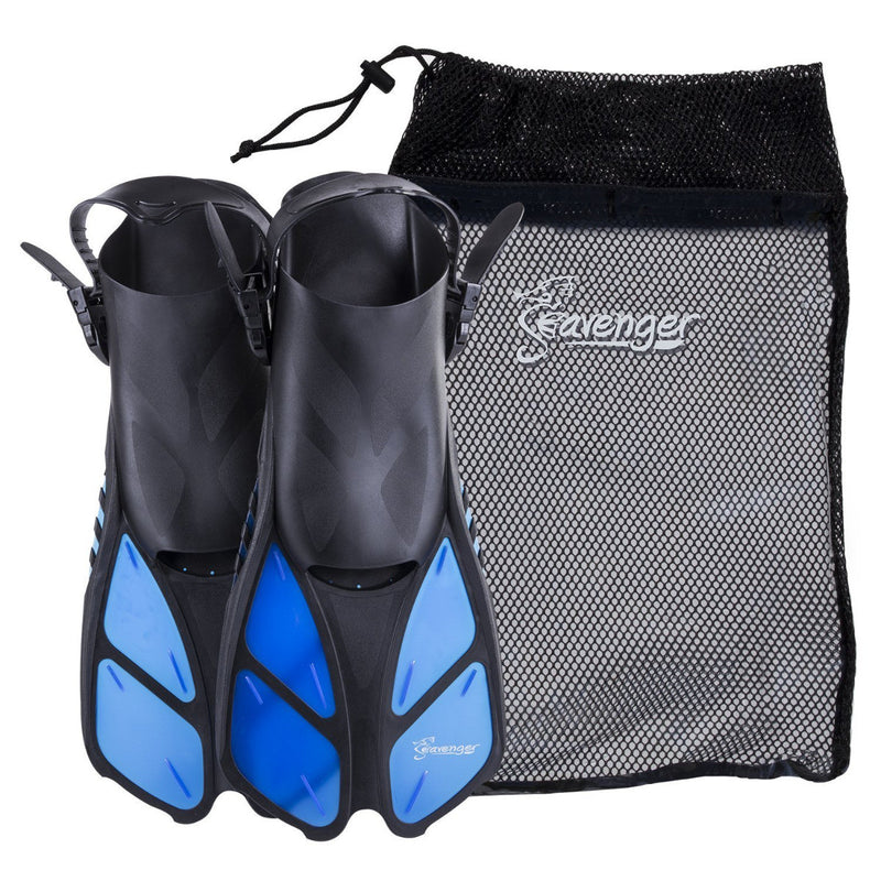 Short blue snorkeling fins with an adjustable foot pocket strap and a quick-dry mesh gear bag