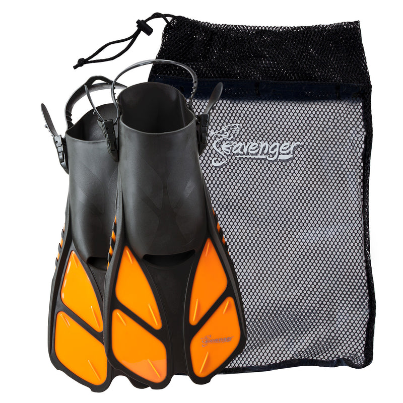 Orange travel swimming fins with an adjustable heel strap, quick-release buckle and quick-dry mesh gear bag