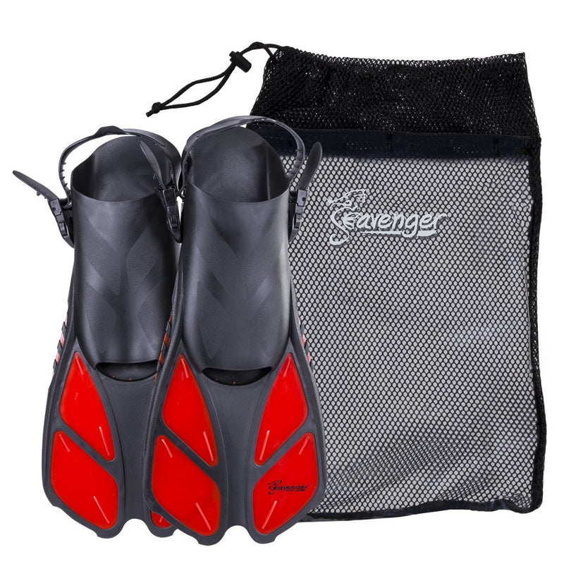 Red travel snorkel fins with an adjustable foot pocket strap and a quick-dry mesh gear bag